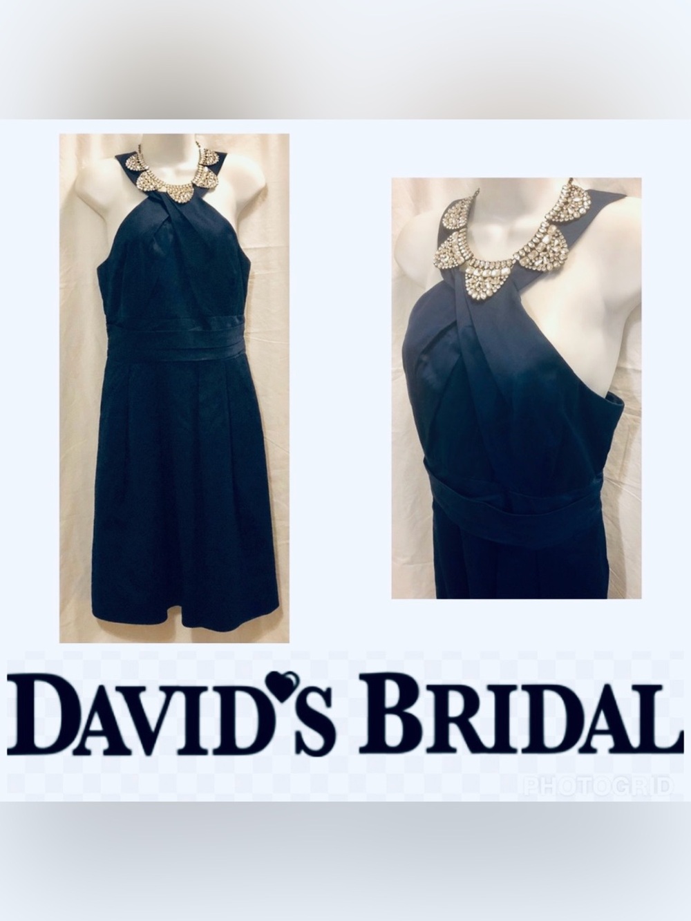 David’s Bridal Y Neck Navy Blue Ruched Bodice Crinkle Elegance Sophisticated Tim